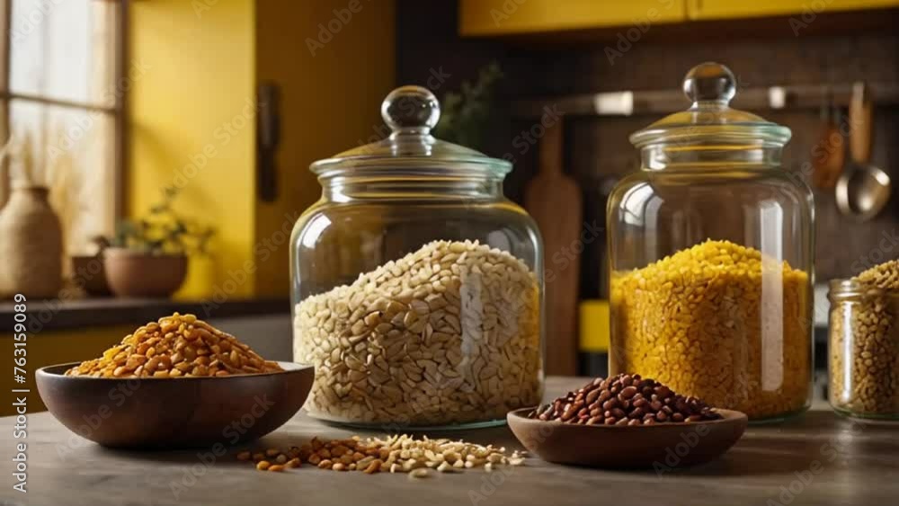 various dry cereals in glass jars in the kitchen various dry cereals in glass jars in the kitchen