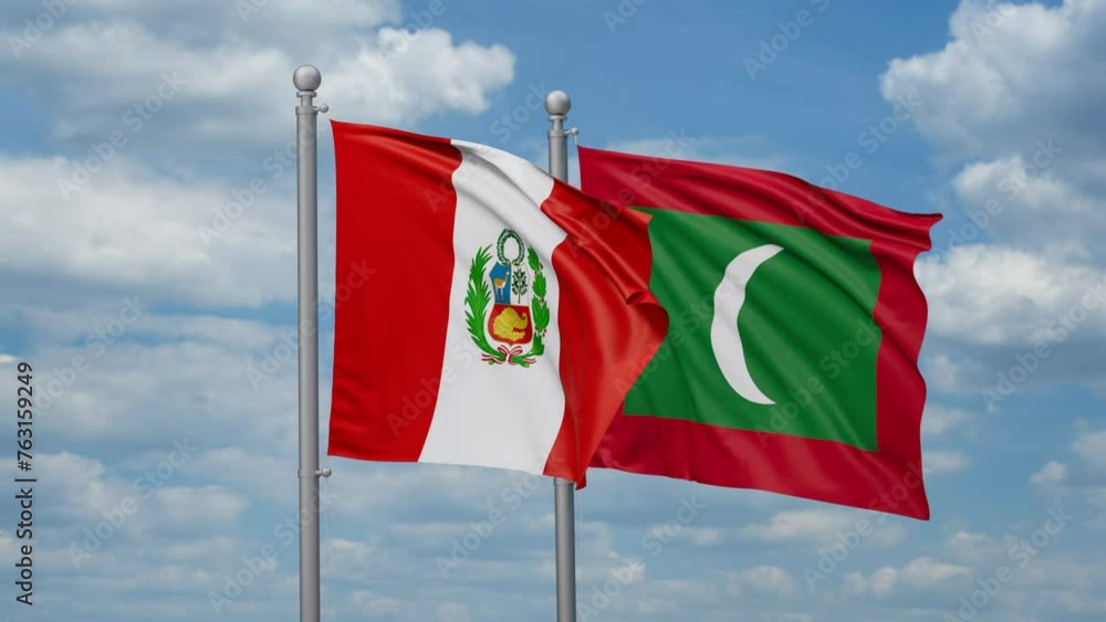 Maldives and Peru two flags waving together, looped video, two country relations concept Maldives and Peru two flags waving together, looped video, two country relations concept