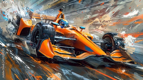 Multicolored illustration with racing car in dynamics paint splatter and speed lines. Concept of motorsport, tournament photo