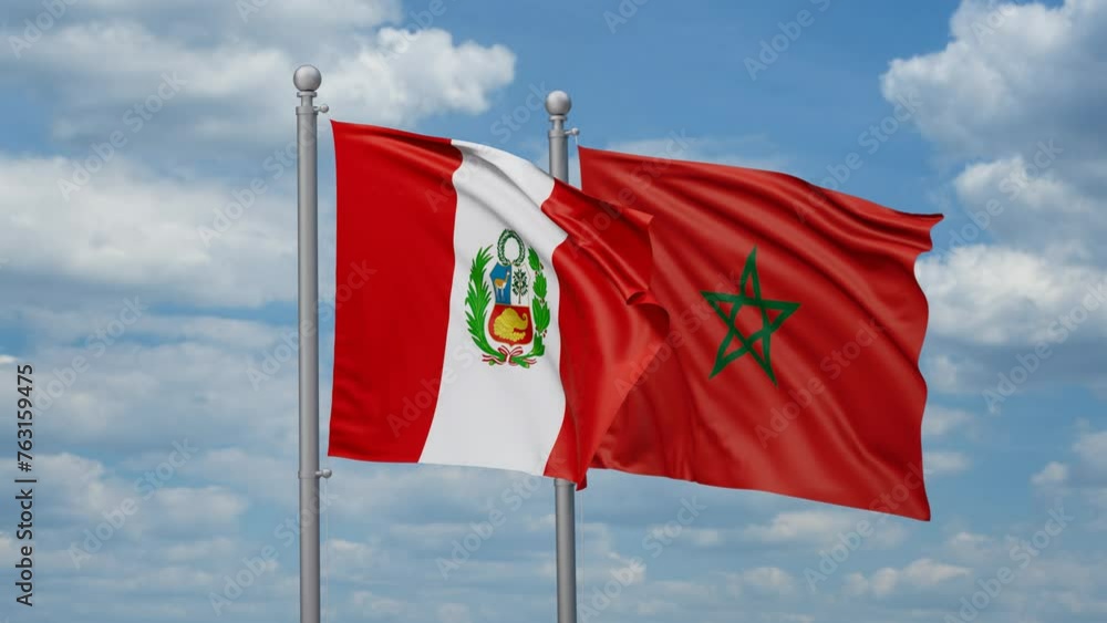 Morocco and Peru two flags waving together, looped video, two country relations concept Morocco and Peru two flags waving together, looped video, two country relations concept
