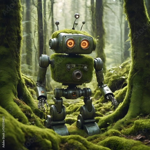 In the depths of an enchanting forest, the windup robot explores the moss-covered trees, its eyes filled with wonder.