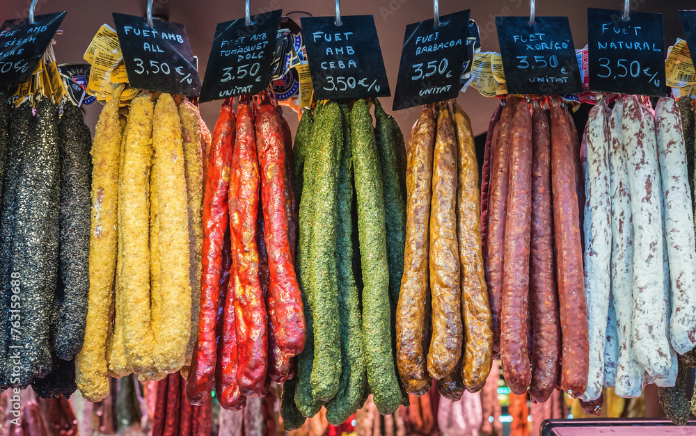 Fuet sausages on Mercat de Sant Josep de la Boqueria food market in Barcelona, Spain