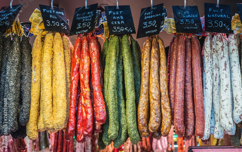 Obraz na płótnie Fuet sausages on Mercat de Sant Josep de la Boqueria food market in Barcelona, Spain w salonie