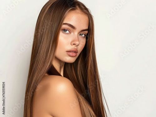 Portrait of a beautiful girl with shiny brown and straight long hair. Cute wavy hair woman, Hair treatment, care and spa procedures with copy space