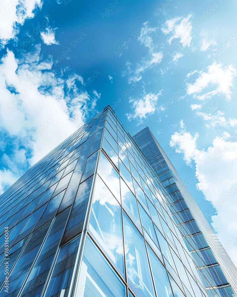 Modern Glass Building with Clear Blue Sky and Fluffy Clouds Futuristic Architecture Copy Space