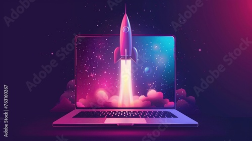 Laptop screen emits rocket in minimalist gradient style photo