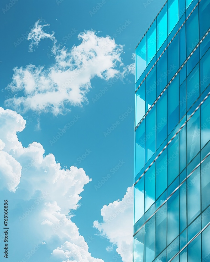 Modern Glass Building with Clear Blue Sky and Fluffy Clouds Futuristic Architecture Copy Space Modern Glass Building with Clear Blue Sky and Fluffy Clouds Futuristic Architecture Copy Space