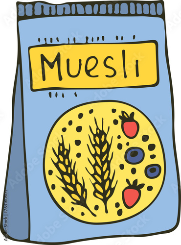Muesli bag color doodle. Natural organic snack