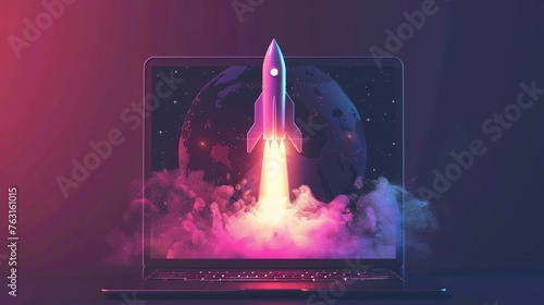 Laptop screen emits rocket in minimalist gradient style