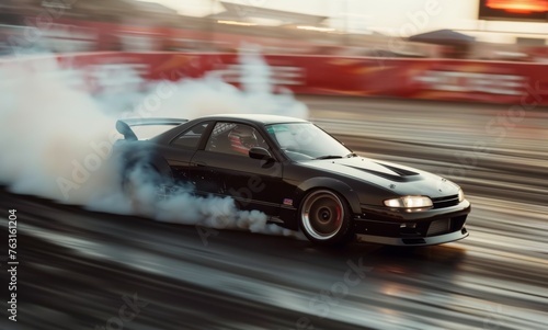 Black car drifting on race track, emitting smoke from tires