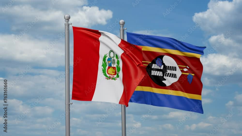 Eswatini aka Swaziland and Peru two flags waving together, looped video, two country cooperation concept Eswatini aka Swaziland and Peru two flags waving together, looped video, two country cooperation concept