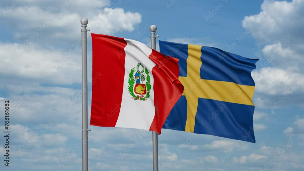 Sweden and Peru two flags waving together, looped video, two country cooperation concept Sweden and Peru two flags waving together, looped video, two country cooperation concept