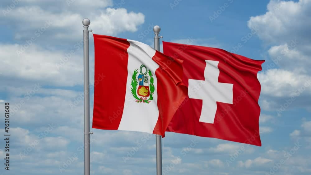 Switzerland and Peru two flags waving together, looped video, two country cooperation concept Switzerland and Peru two flags waving together, looped video, two country cooperation concept