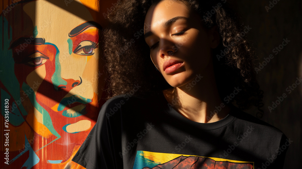 Naklejka premium Girl in T-shirt with graphic illustration against a dark graffiti wall in the power of romantic feelings.