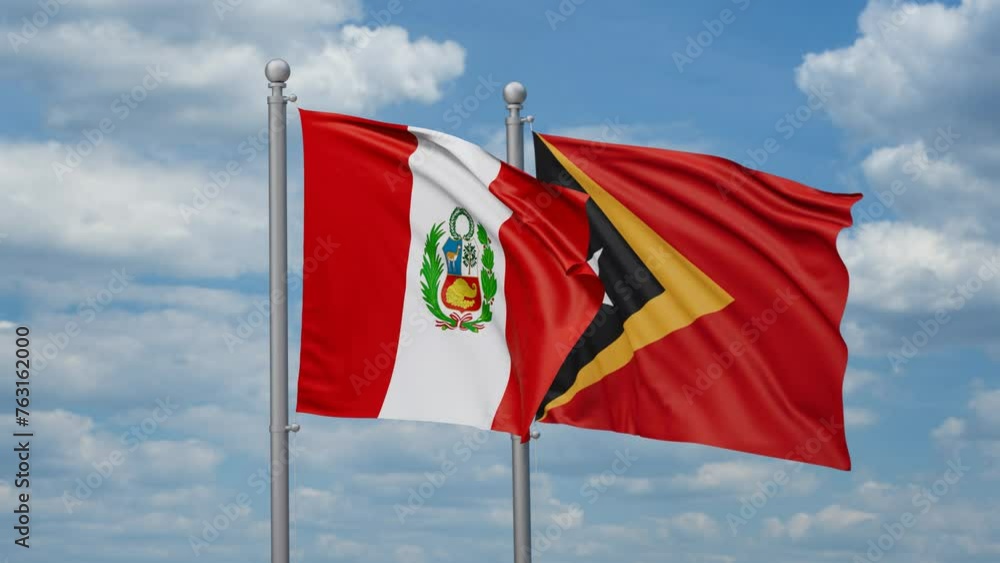 East Timor and Peru two flags waving together, looped video, two country cooperation concept East Timor and Peru two flags waving together, looped video, two country cooperation concept