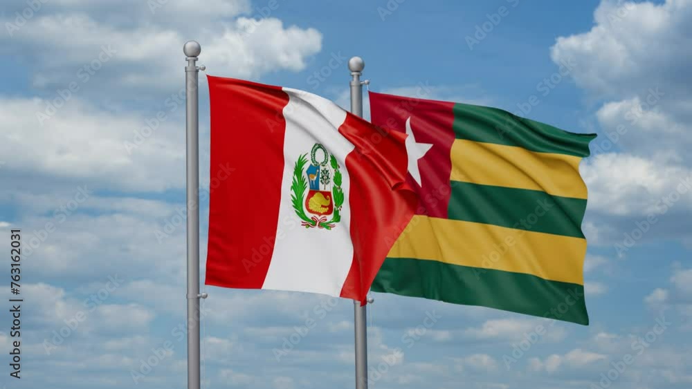 Togo, Togolese Republic and Peru two flags waving together, looped video, two country cooperation concept Togo, Togolese Republic and Peru two flags waving together, looped video, two country cooperation concept