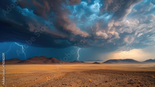 A dramatic desert scene under a tempestuous sky with dark clouds filling the sky and occasional lightning streaking - AI Generated Digital Art photo