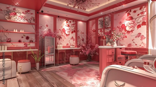 an image of a cozy nail salon with soft red hues and floral accents photo