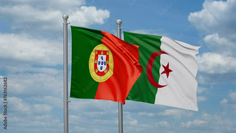 Portugal and Algeria two flags waving together, looped video Portugal and Algeria two flags waving together, looped video