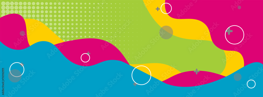 modern abstract background with blue, pink, yellow fluid shapes on green background , for poster.   banner, web design, header, cover, billboard, brochure, social media, landing page