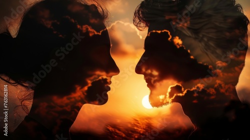 Profiles of romantic couple looking at each other on background of sunset