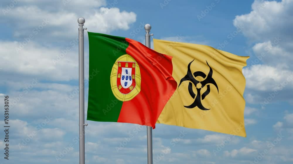 Portugal and Biological hazard flags waving together on looped video, toxic hazard and pollution warning concept Portugal and Biological hazard flags waving together on looped video, toxic hazard and pollution warning concept