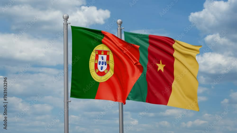 Cameroon and Portugal two flags waving together, looped video, two country relations concept Cameroon and Portugal two flags waving together, looped video, two country relations concept