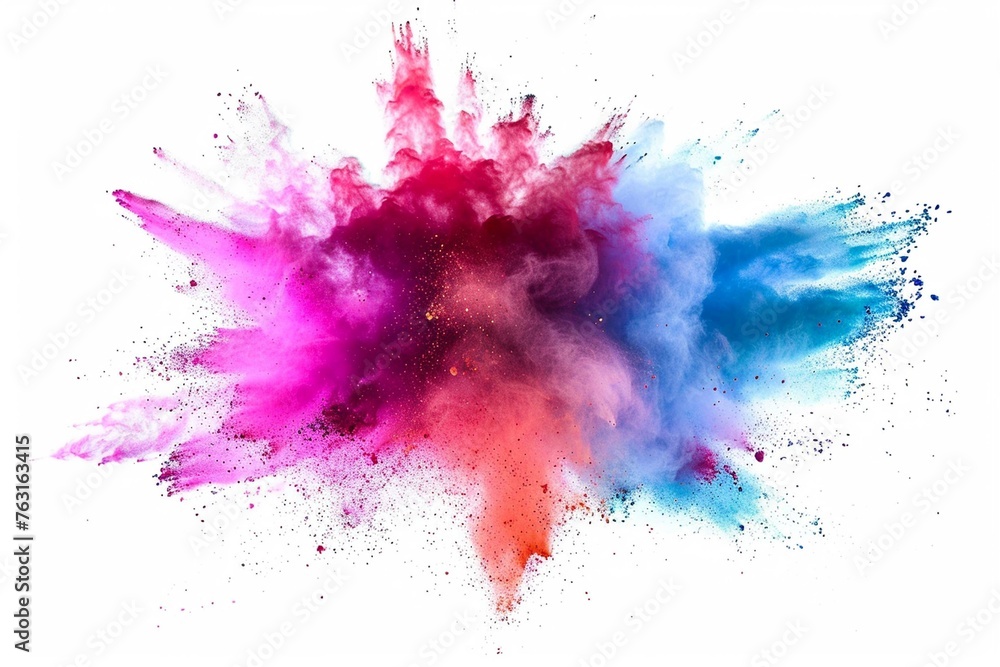 Multicolor powder explosion on White background. Colored cloud. Colorful dust explode. Paint Holi.