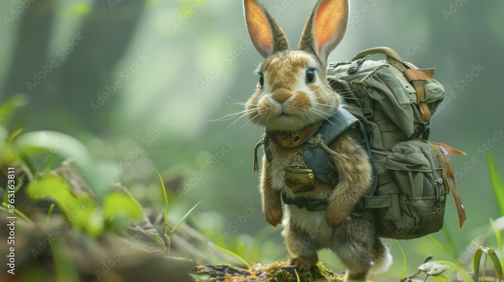 Fototapeta premium Adventurous Rabbit in Explorer's Gear, setting off on a journey with a fantasy background.