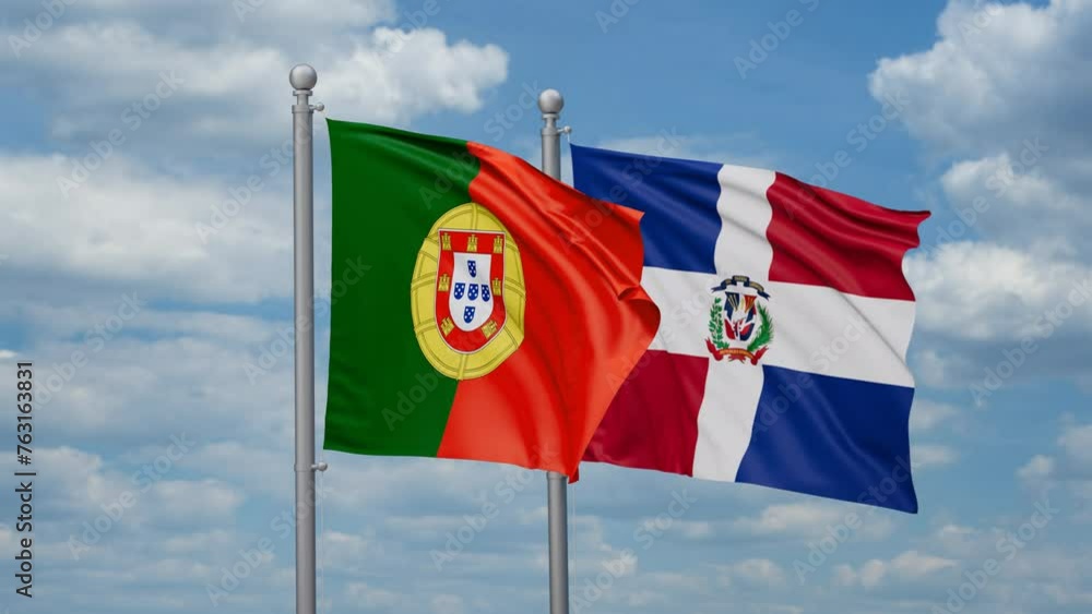 Dominican Republic and Portugal two flags waving together, looped video, two country relations concept Dominican Republic and Portugal two flags waving together, looped video, two country relations concept