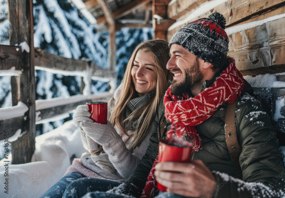 A happy couple enjoying coffee in winter , sitting on the terrace of their wooden house against snowy mountains and blue sky background