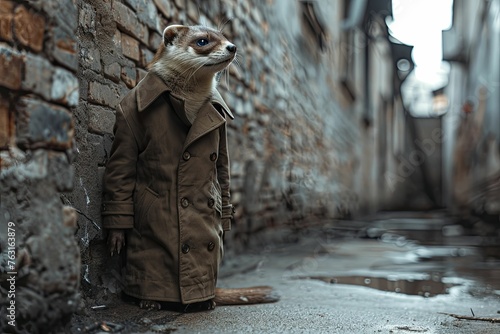 A sleuthing ferret dons a trench coat, exploring the mysteries of an urban alley against a shadowy backdrop.