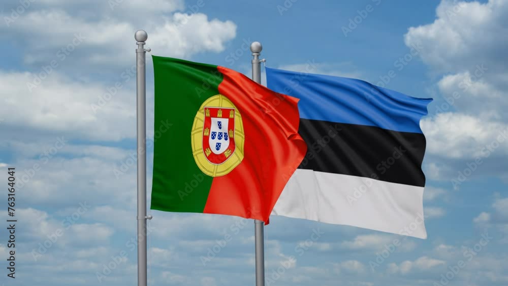 Estonia and Portugal two flags waving together, looped video, two country relations concept Estonia and Portugal two flags waving together, looped video, two country relations concept