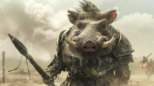 Gallant Warthog in Crusader's Chainmail, snorting with a barren landscape silhouette background. photo