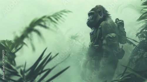 Guardian Gorilla in Defender's Gear, watching over with a misty rainforest silhouette background.