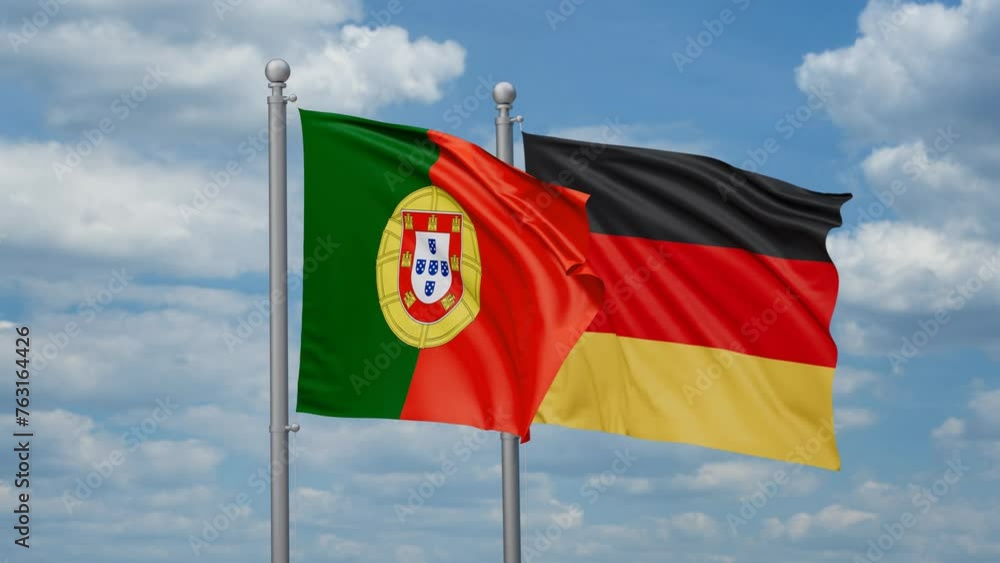 Germany and Portugal two flags waving together, looped video, two country relations concept Germany and Portugal two flags waving together, looped video, two country relations concept