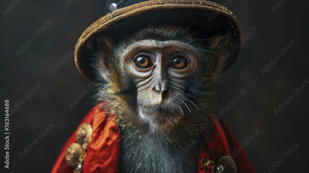 A nimble monkey in a magician's cape deftly weaves illusions against a mysterious dark backdrop. - obrazy, fototapety, plakaty 