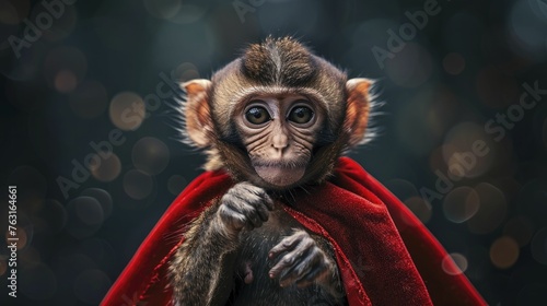 A nimble monkey in a magician's cape dances amidst illusions, against a mysterious dark backdrop.