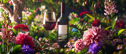 A bottle of wine and a wine glass are on a table in front of a bunch of flowers