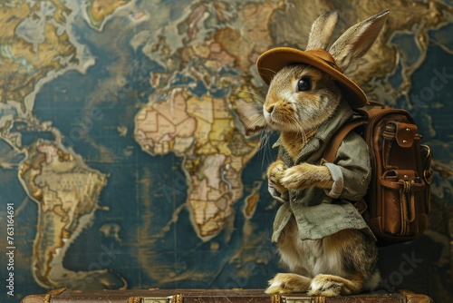 "Nimble Rabbit in Explorer's Outfit, setting off with an uncharted land silhouette background."