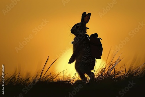 As dusk fell, the nimble rabbit in its explorer's attire ventured into the unknown, against the backdrop of a mysterious silhouette.