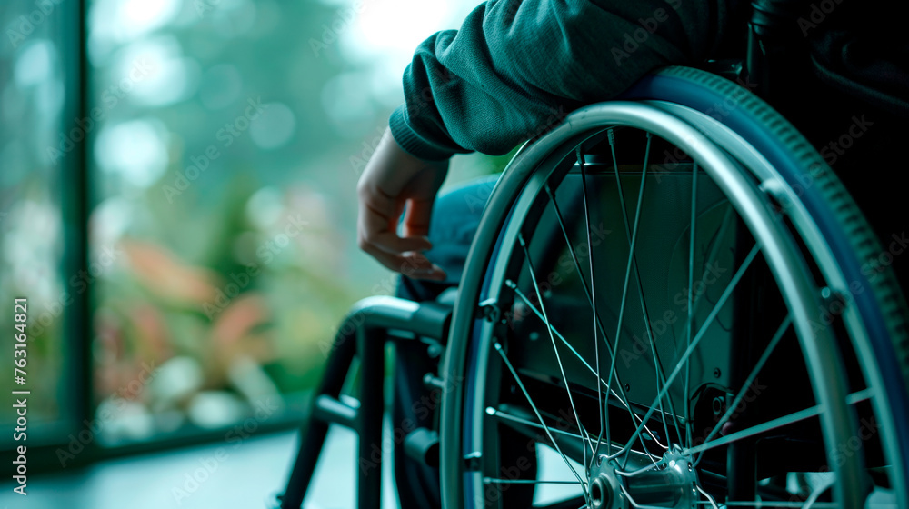 Obraz premium Contemplative Person in Wheelchair Facing Window with Lush Greenery