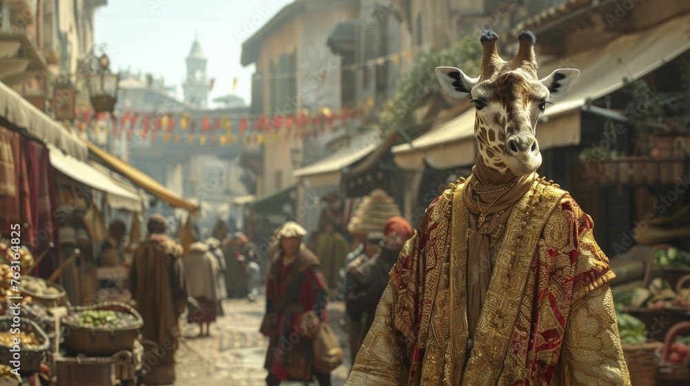 An elegant giraffe, draped in merchant's attire, gracefully presides over the market square silhouette backdrop.