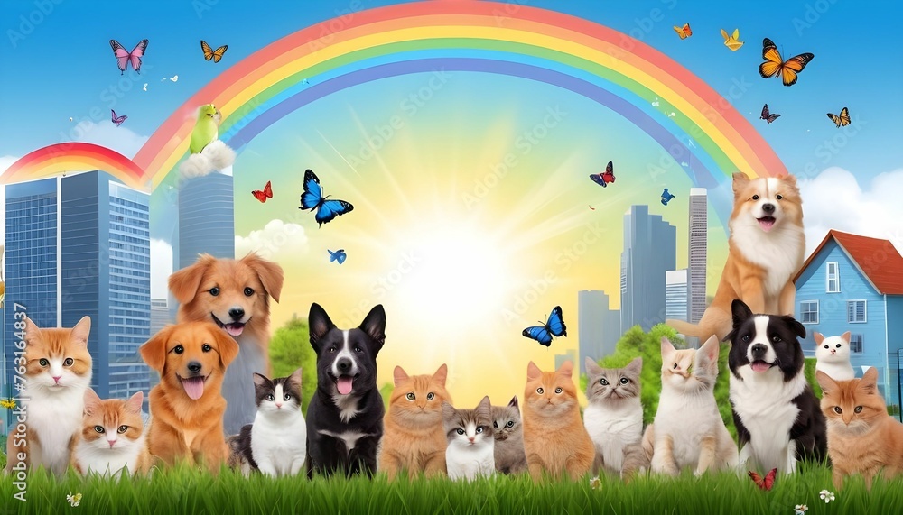 National pet day theme along with cute animals including dogs cats parrots and other birds along with grass trees blue sky sun rainbow and cute flowers  butterflies behind buildings