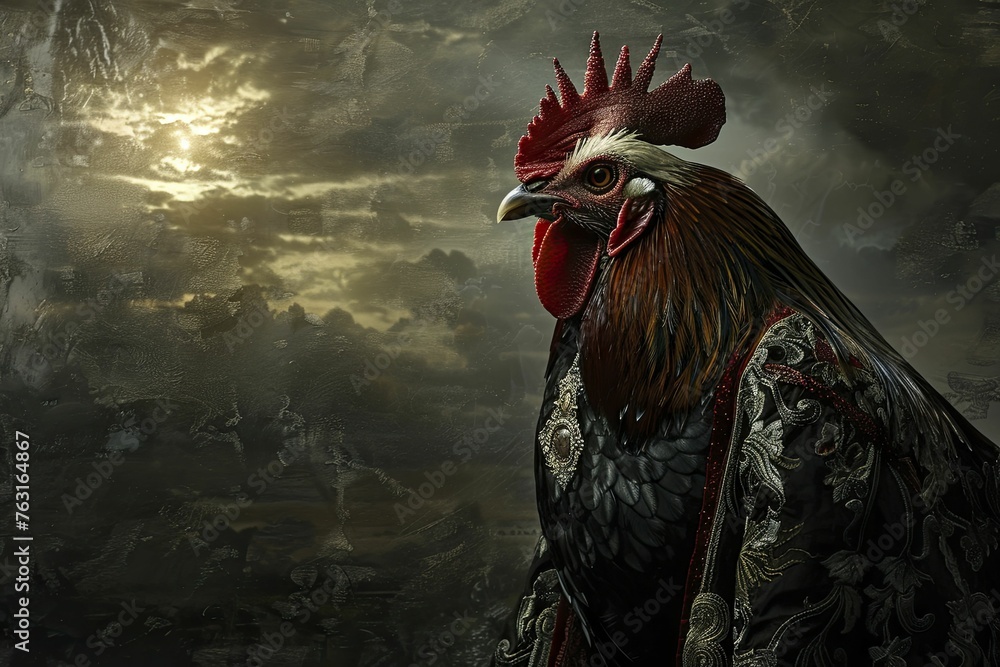 Proud Rooster in a Duke's Finery, crowing at dawn with a gothic background. - obrazy, fototapety, plakaty 
