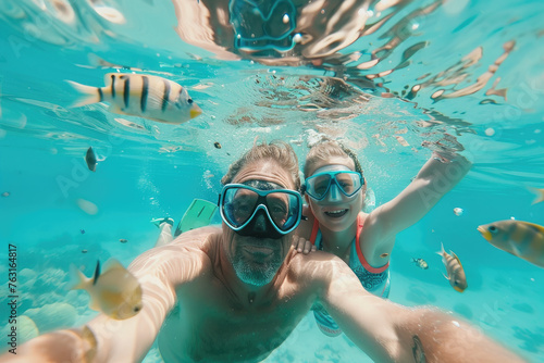 father, mother, child in snorkeling mask dive underwater with tropical fishes in coral reef sea pool © Kien