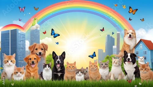 National pet day theme along with cute animals including dogs cats parrots and other birds along with grass trees blue sky sun rainbow and cute flowers  butterflies behind buildings © Haseeb