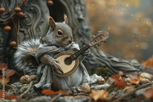 Playful Squirrel in Minstrel's Outfit, with a lute by an ancient tree with a gothic background