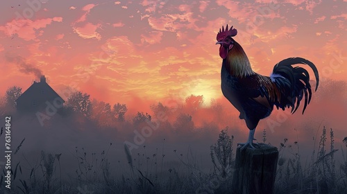 A regal rooster adorned in noble garb heralds the dawn against a rustic farmhouse backdrop. photo