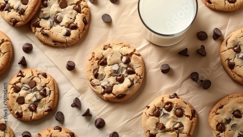 Chocolate Chip Cookies with Milk on Light Brown Table